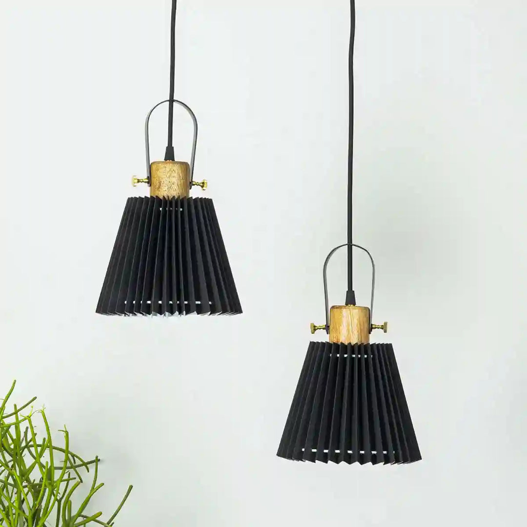 Liebe Dual shade wood and metal Hanging Pendant Light With Black Cotton Shade