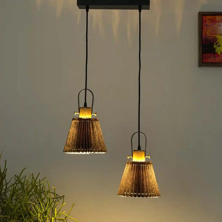 Liebe Dual shade wood and metal Hanging Pendant Light With Black Cotton Shade