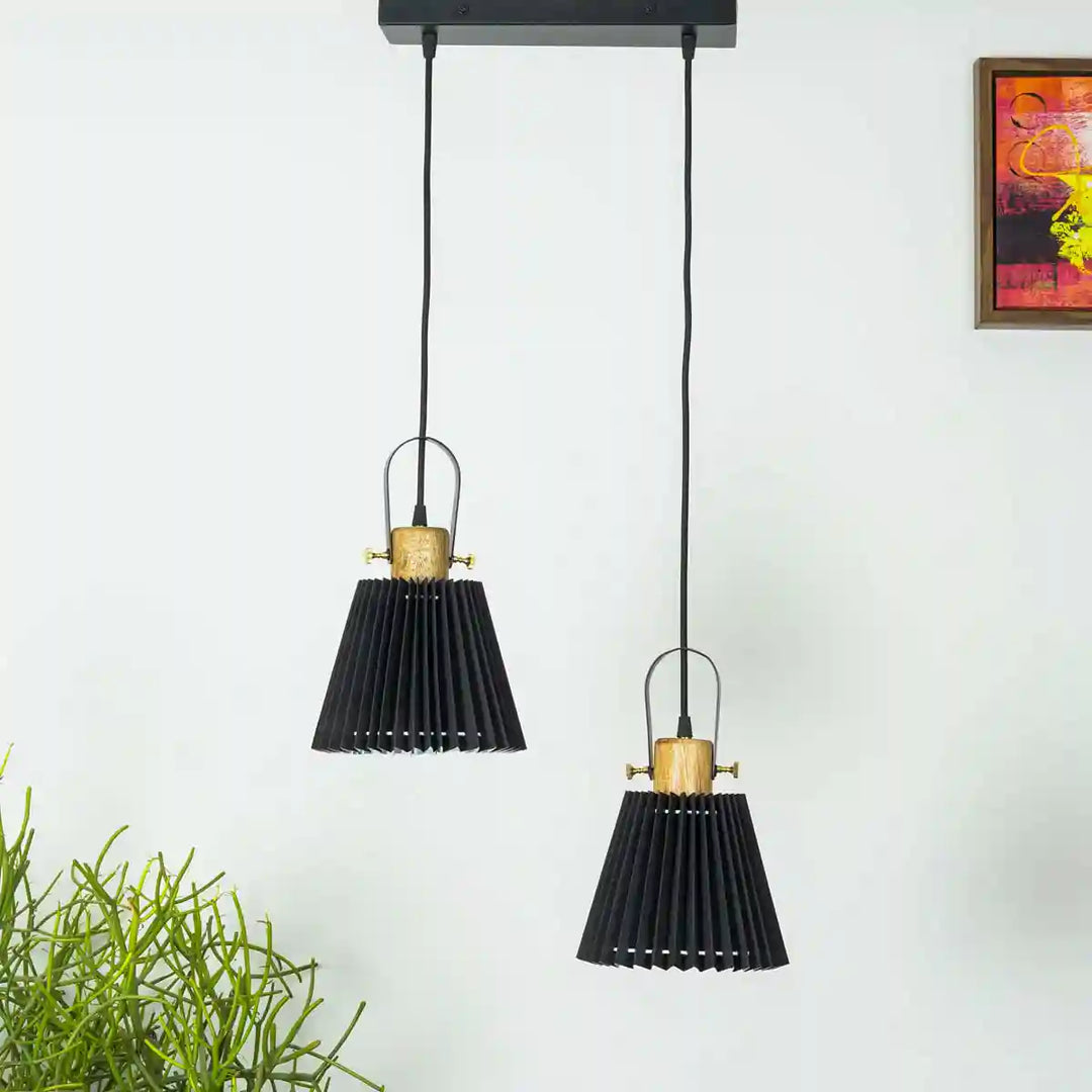 Liebe Dual shade wood and metal Hanging Pendant Light With Black Cotton Shade