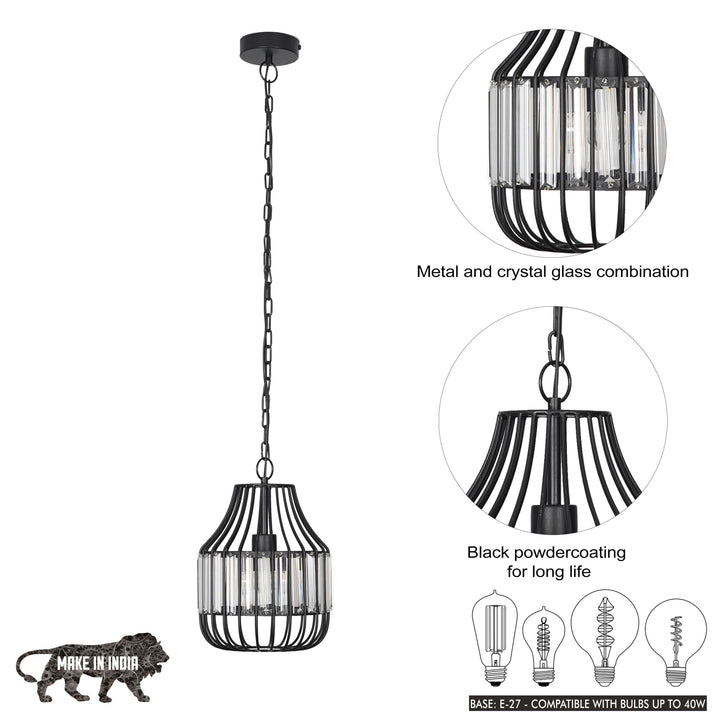 Tindori Clear Crystal with black Metal Hanging Pendant Light
