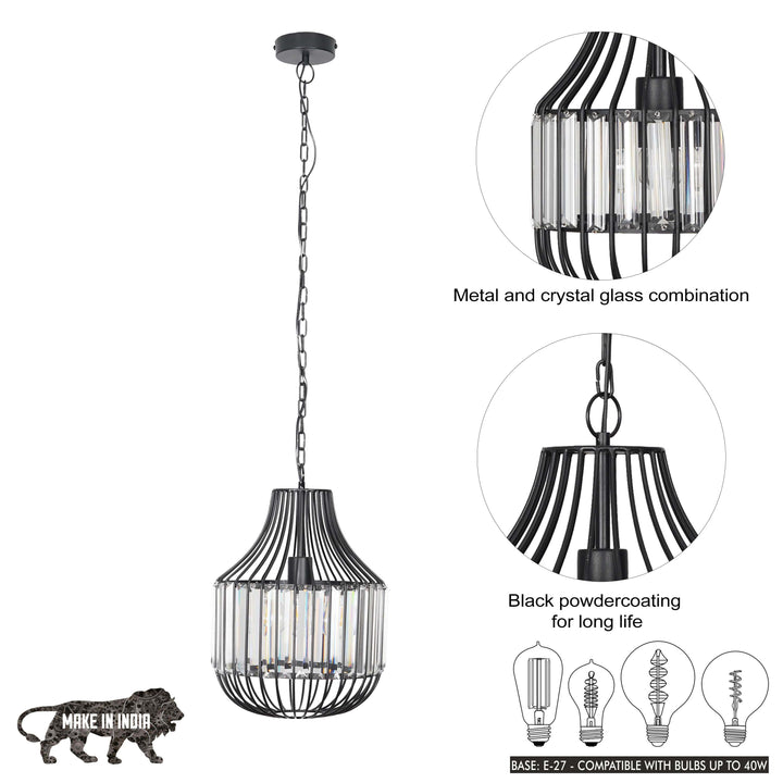 Tindori Clear Crystal with black Metal Hanging Pendant Light