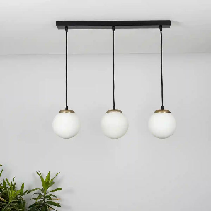 Orb 3 Light Cluster Rectangle Ceiling Pendant With Frosted White & Shine Brass