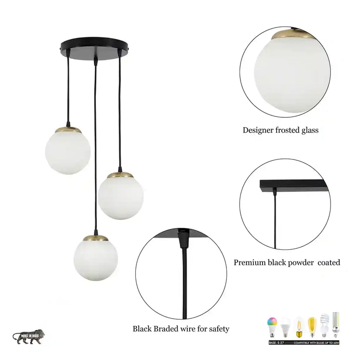 Orb 3 Light Cluster Round Ceiling Pendant With Frosted White & Shine Brass