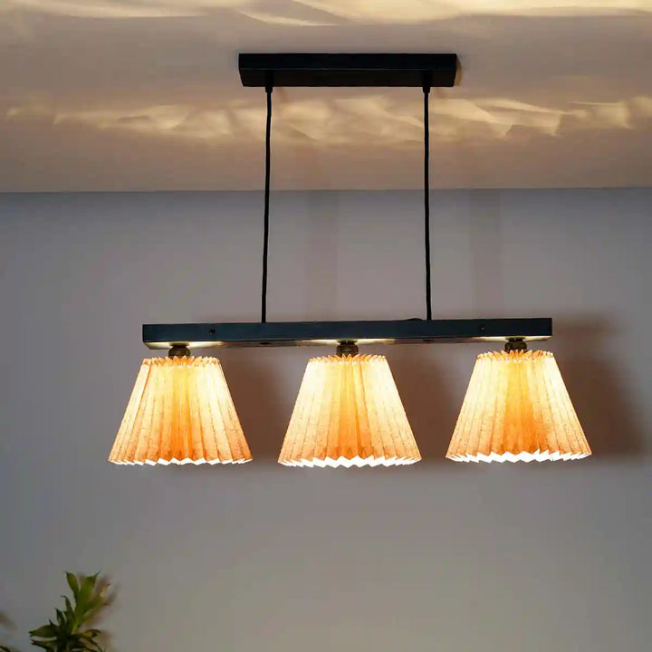 Adeline 3 Light Ceiling Pendant in Black Metal With Beige Cotton Shade