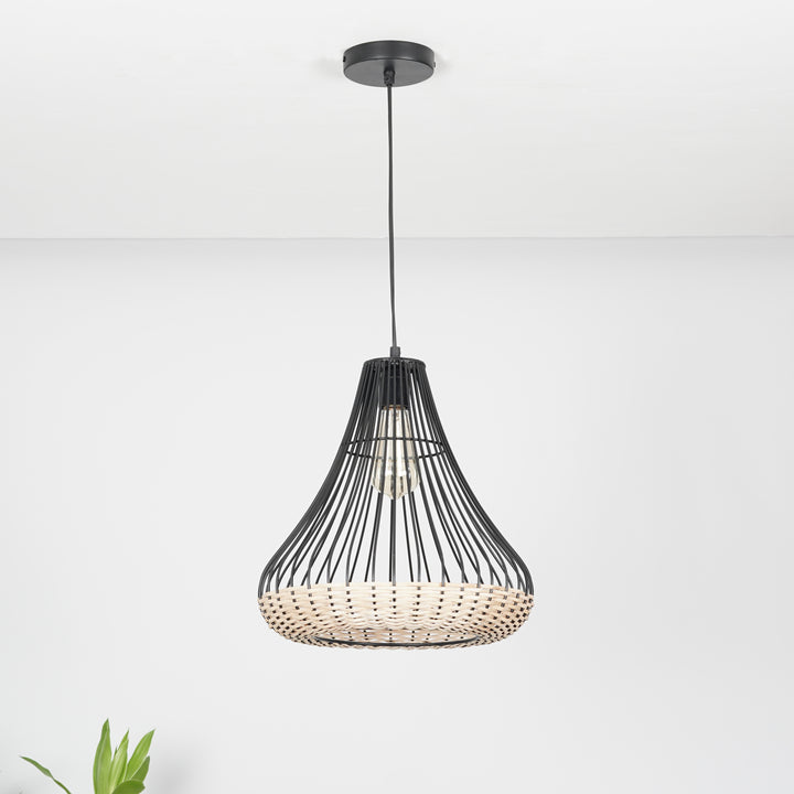 NOLAN Black Metal And Natural Bamboo Pendant Light