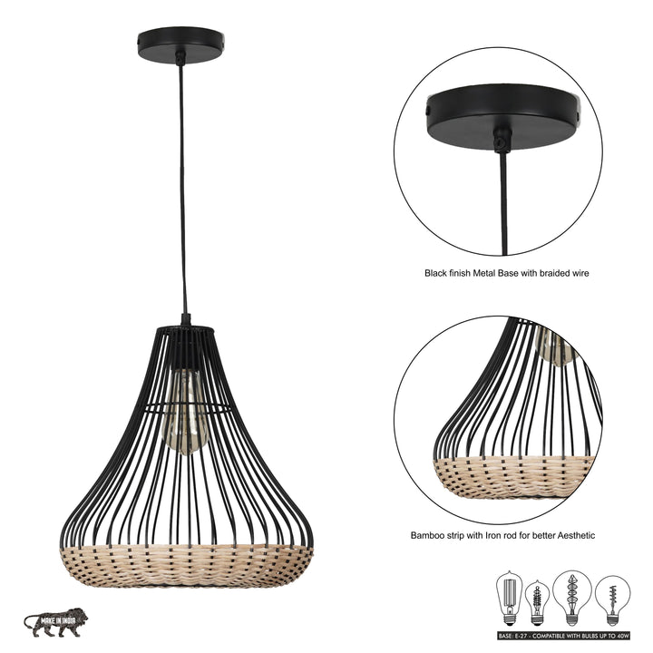 NOLAN Black Metal And Natural Bamboo Pendant Light