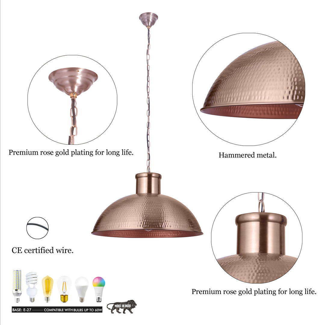 DAYTON Modern Hammered Dome Pendant Light in Matte Rose Gold Finish Metal
