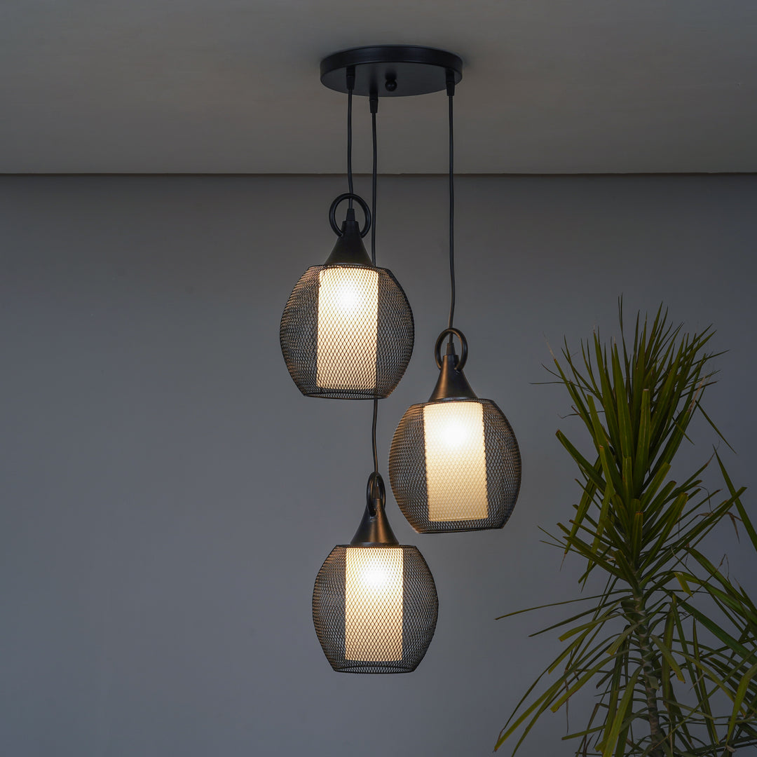 ADORA Modern 3-Light Cluster Pendant Light in Black Metal with Frosted White Patterned Glass Shades