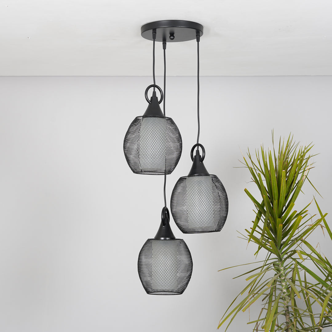 ADORA Modern 3-Light Cluster Pendant Light in Black Metal with Frosted White Patterned Glass Shades