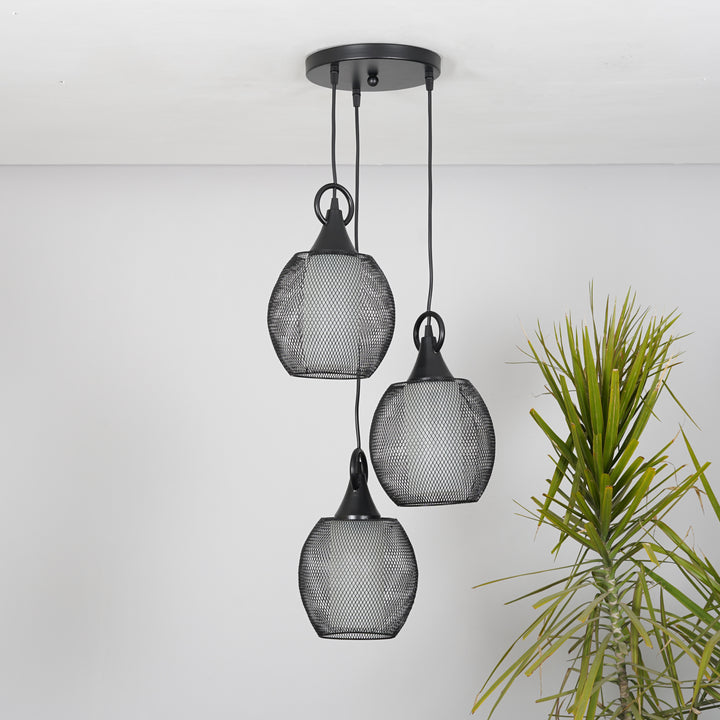 ADORA Modern 3-Light Cluster Pendant Light in Black Metal with Frosted White Patterned Glass Shades