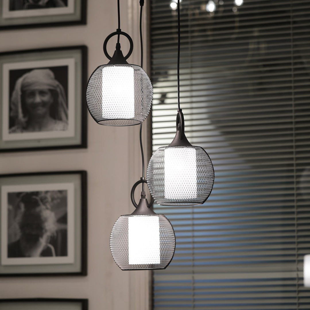ADORA Modern 3-Light Cluster Pendant Light in Black Metal with Frosted White Patterned Glass Shades