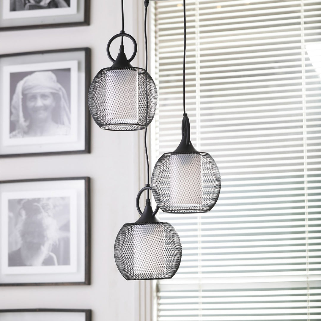 ADORA Modern 3-Light Cluster Pendant Light in Black Metal with Frosted White Patterned Glass Shades