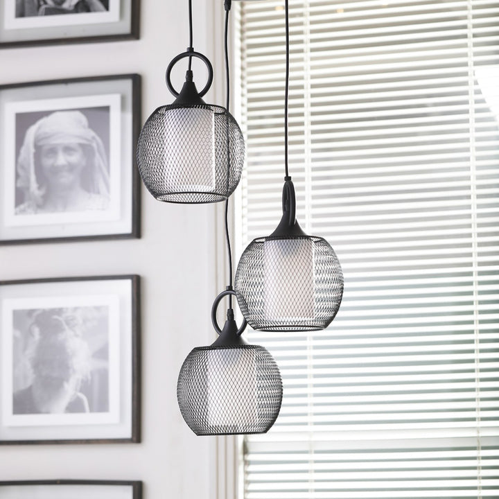 ADORA Modern 3-Light Cluster Pendant Light in Black Metal with Frosted White Patterned Glass Shades