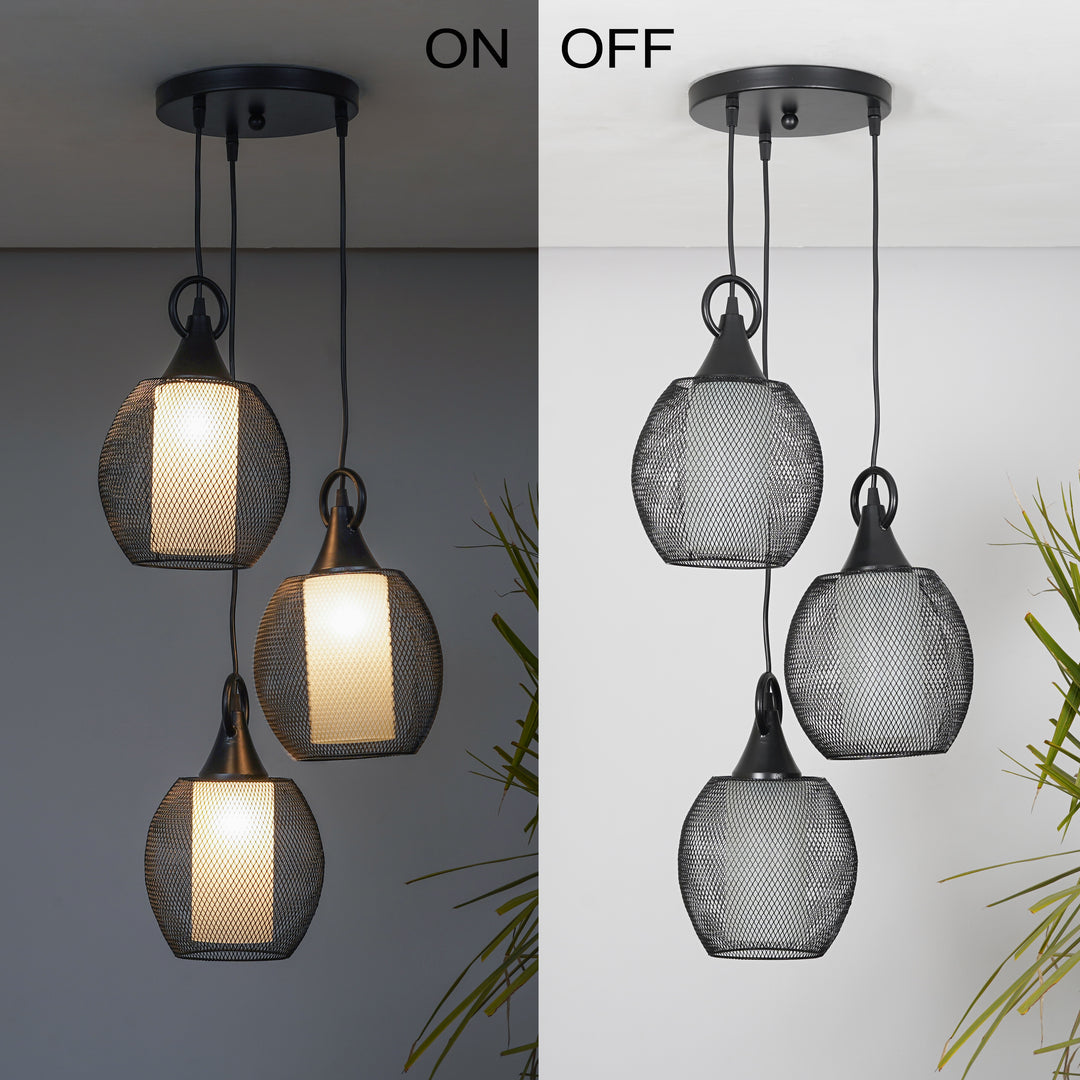 ADORA Modern 3-Light Cluster Pendant Light in Black Metal with Frosted White Patterned Glass Shades