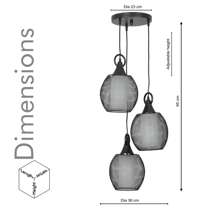 ADORA Modern 3-Light Cluster Pendant Light in Black Metal with Frosted White Patterned Glass Shades
