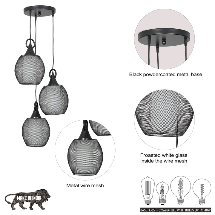 ADORA Modern 3-Light Cluster Pendant Light in Black Metal with Frosted White Patterned Glass Shades
