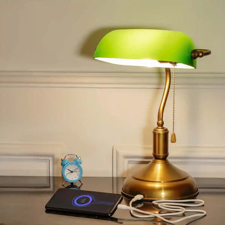 Classic Pharmacist Single Light Bankers Desk Lamp with USB Charging