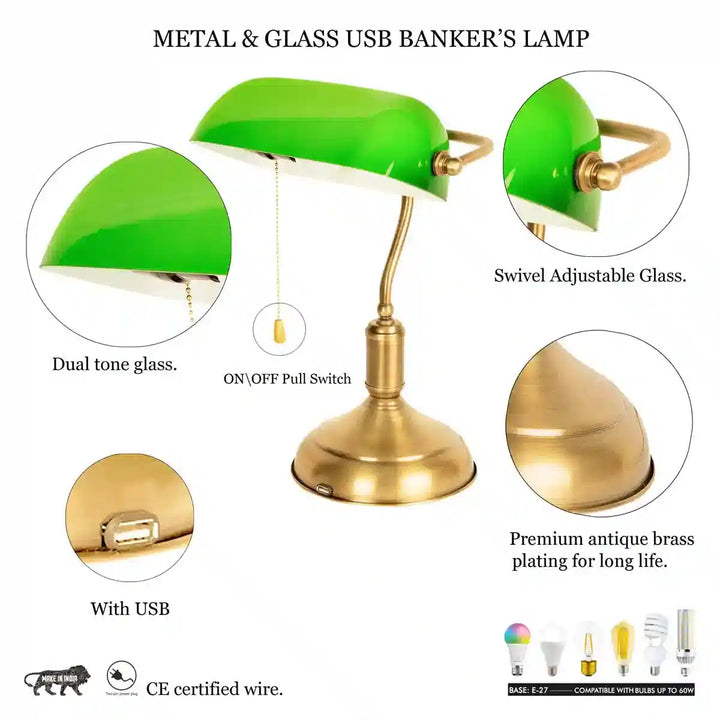 Classic Pharmacist Single Light Bankers Desk Lamp with USB Charging