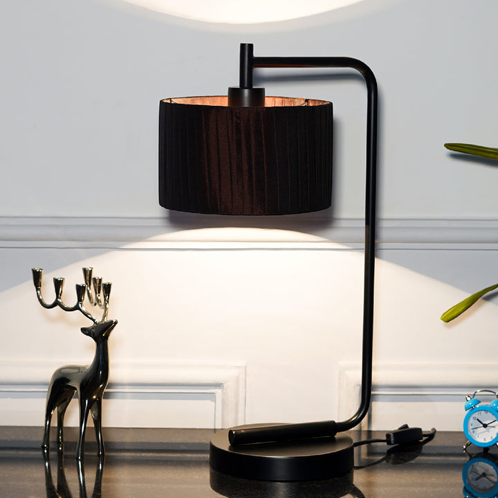 Bond Black Metal Study Table Lamp With Dark Brown Silk Shade