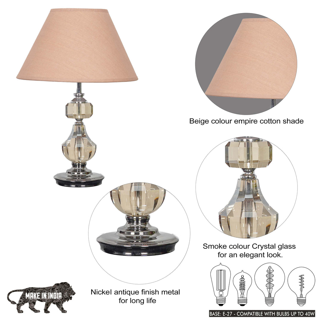 BOMPTON Nickel Finish Metal And Smoke Crystal Table Lamp With White Cotton Shade