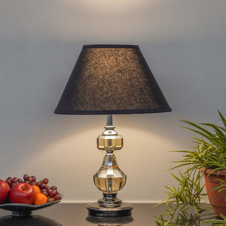 BOMPTON Nickel Finish Metal And Smoke Crystal Table Lamp With White Cotton Shade