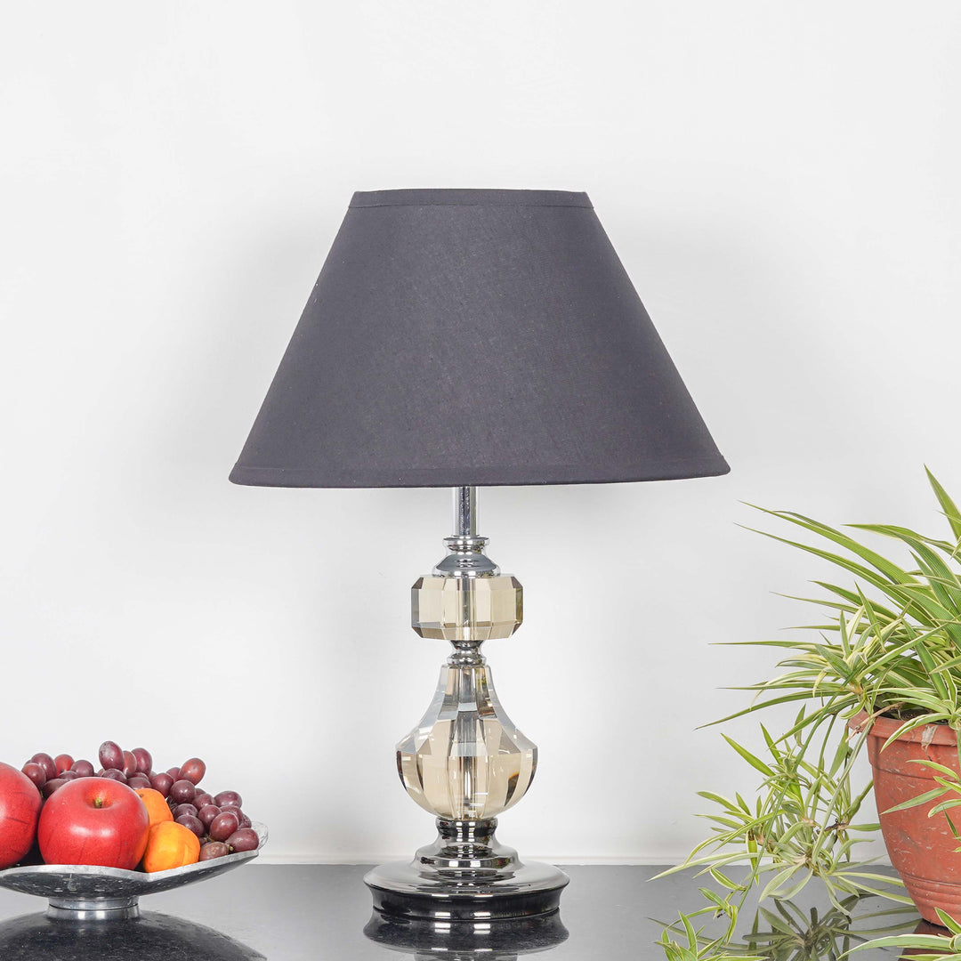 BOMPTON Nickel Finish Metal And Smoke Crystal Table Lamp With White Cotton Shade