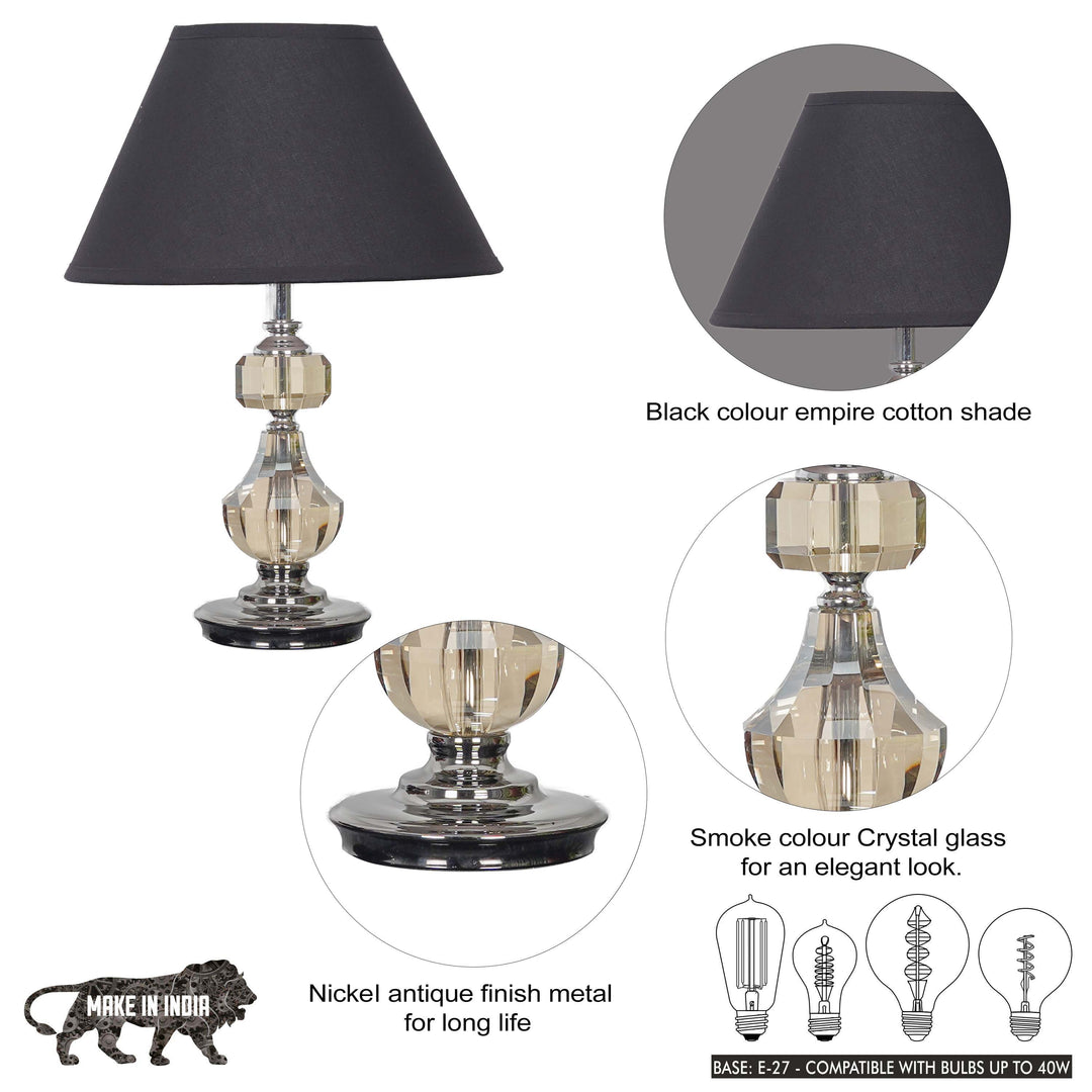 BOMPTON Nickel Finish Metal And Smoke Crystal Table Lamp With White Cotton Shade