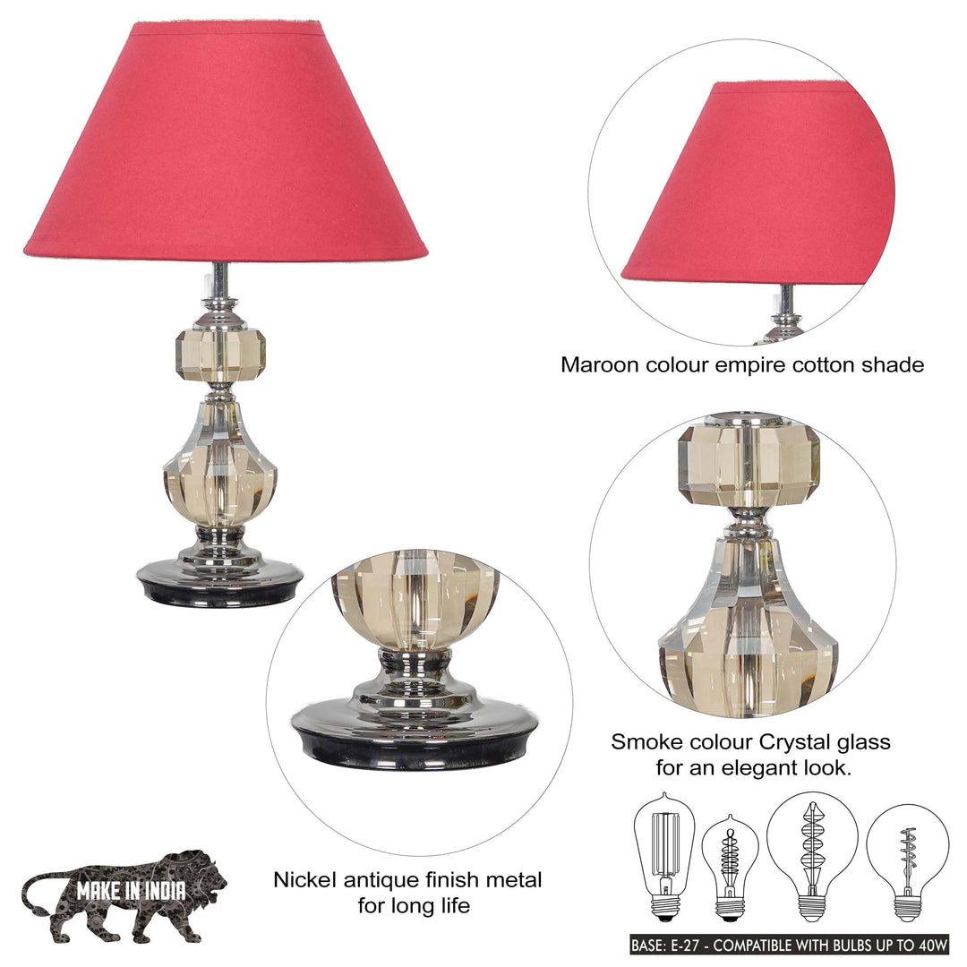 BOMPTON Nickel Finish Metal And Smoke Crystal Table Lamp With White Cotton Shade