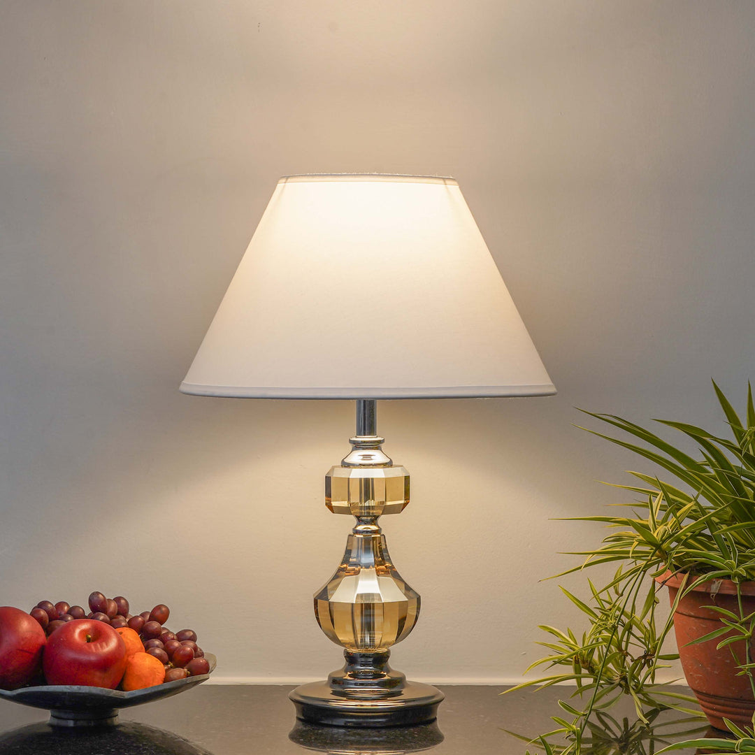 BOMPTON Nickel Finish Metal And Smoke Crystal Table Lamp With White Cotton Shade