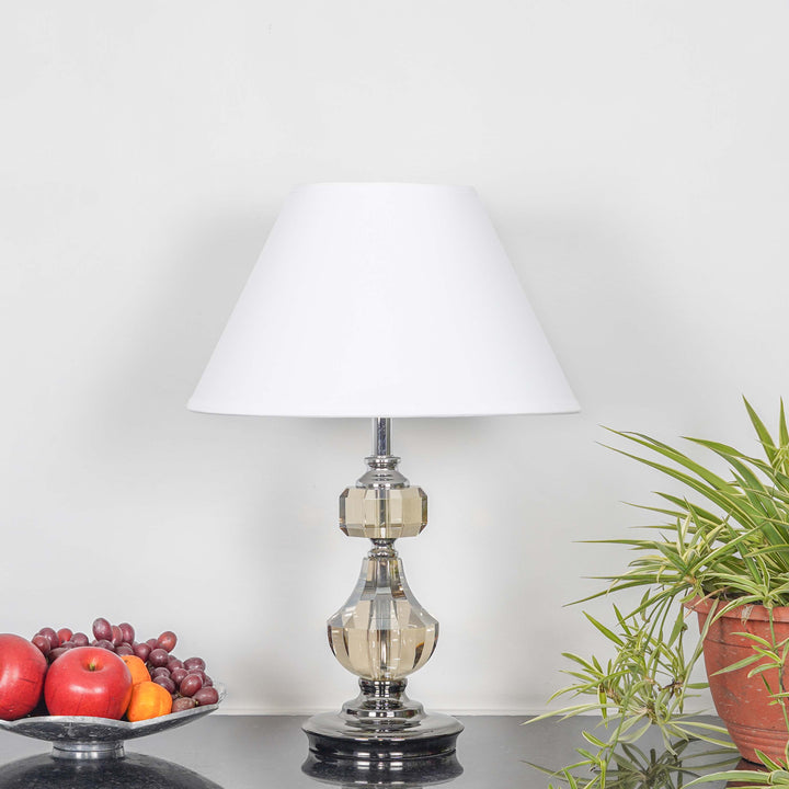 BOMPTON Nickel Finish Metal And Smoke Crystal Table Lamp With White Cotton Shade