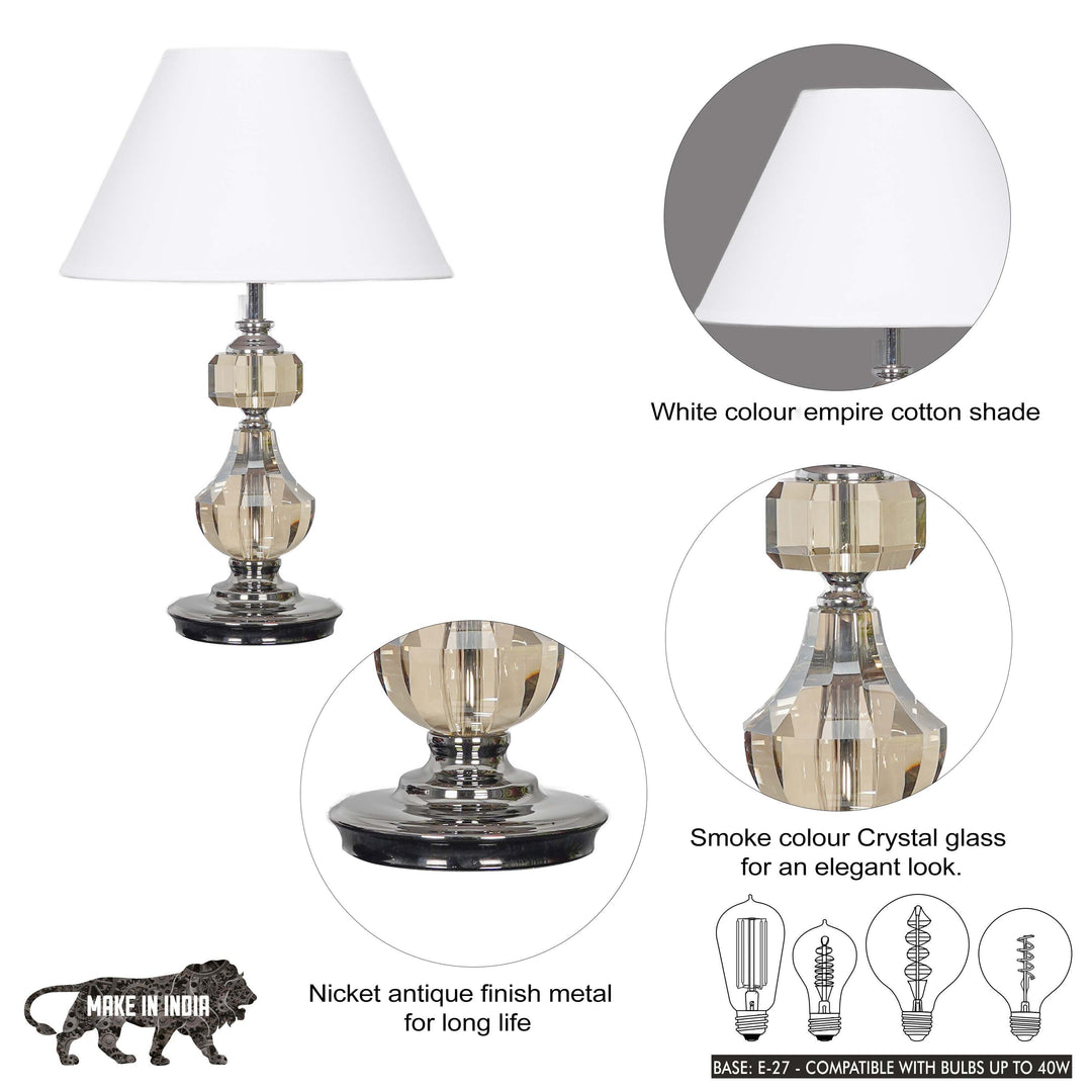BOMPTON Nickel Finish Metal And Smoke Crystal Table Lamp With White Cotton Shade