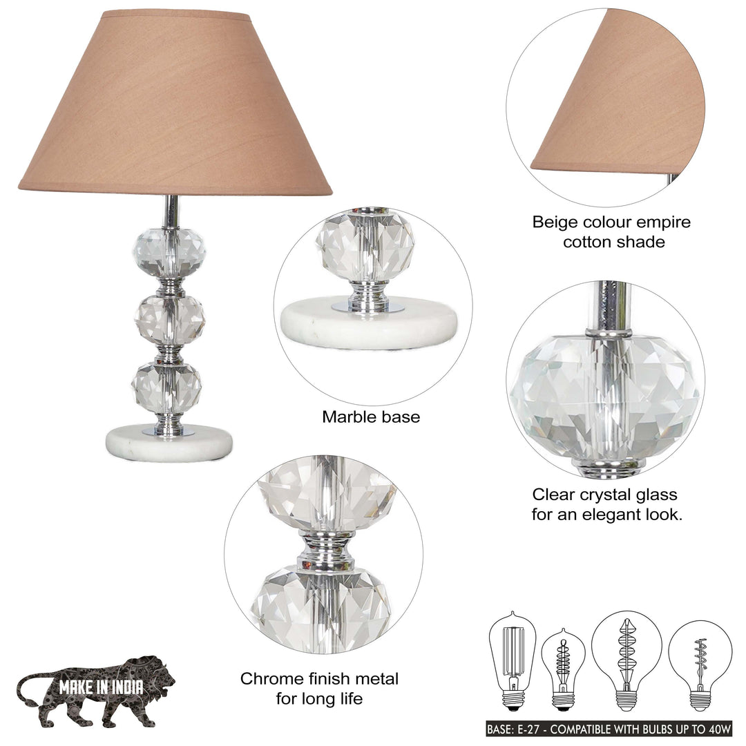ASPLEY Chrome Finish Metal Clear Crystal Glass  And White Marble Table Lamp With Cotton Shade