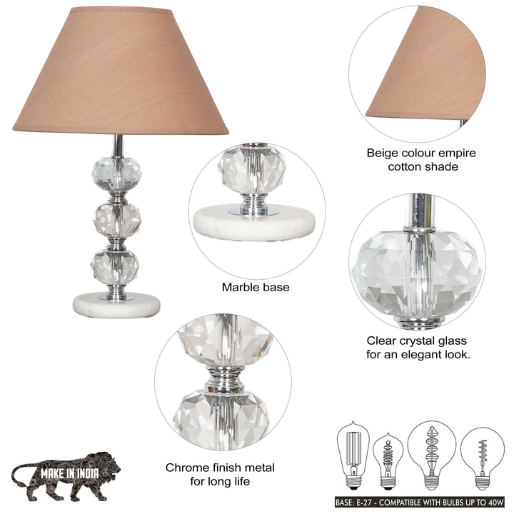 ASPLEY Chrome Finish Metal Clear Crystal Glass  And White Marble Table Lamp With Cotton Shade