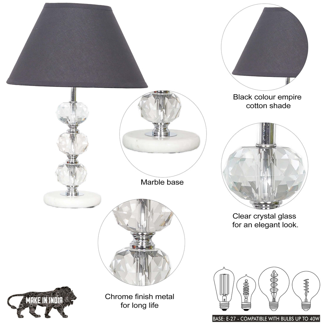 ASPLEY Chrome Finish Metal Clear Crystal Glass  And White Marble Table Lamp With Cotton Shade