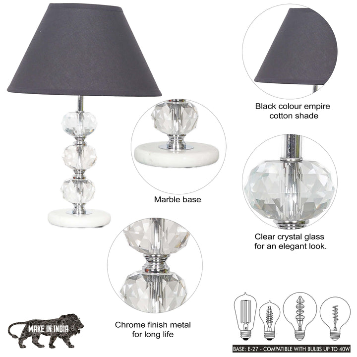 ASPLEY Chrome Finish Metal Clear Crystal Glass  And White Marble Table Lamp With Cotton Shade