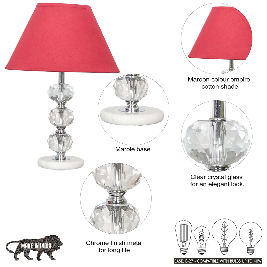 ASPLEY Chrome Finish Metal Clear Crystal Glass  And White Marble Table Lamp With Cotton Shade