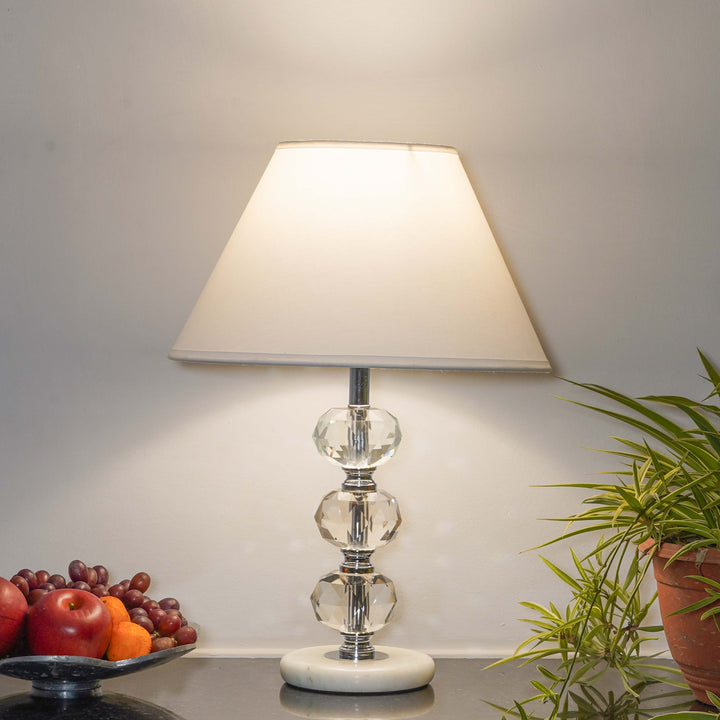 ASPLEY Chrome Finish Metal Clear Crystal Glass  And White Marble Table Lamp With Cotton Shade