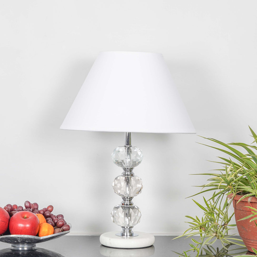 ASPLEY Chrome Finish Metal Clear Crystal Glass  And White Marble Table Lamp With Cotton Shade