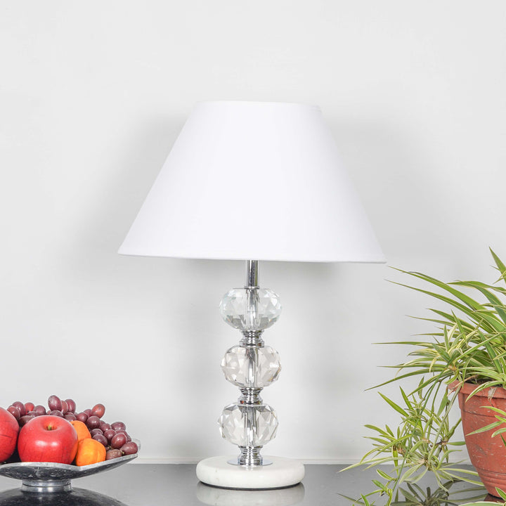 ASPLEY Chrome Finish Metal Clear Crystal Glass  And White Marble Table Lamp With Cotton Shade