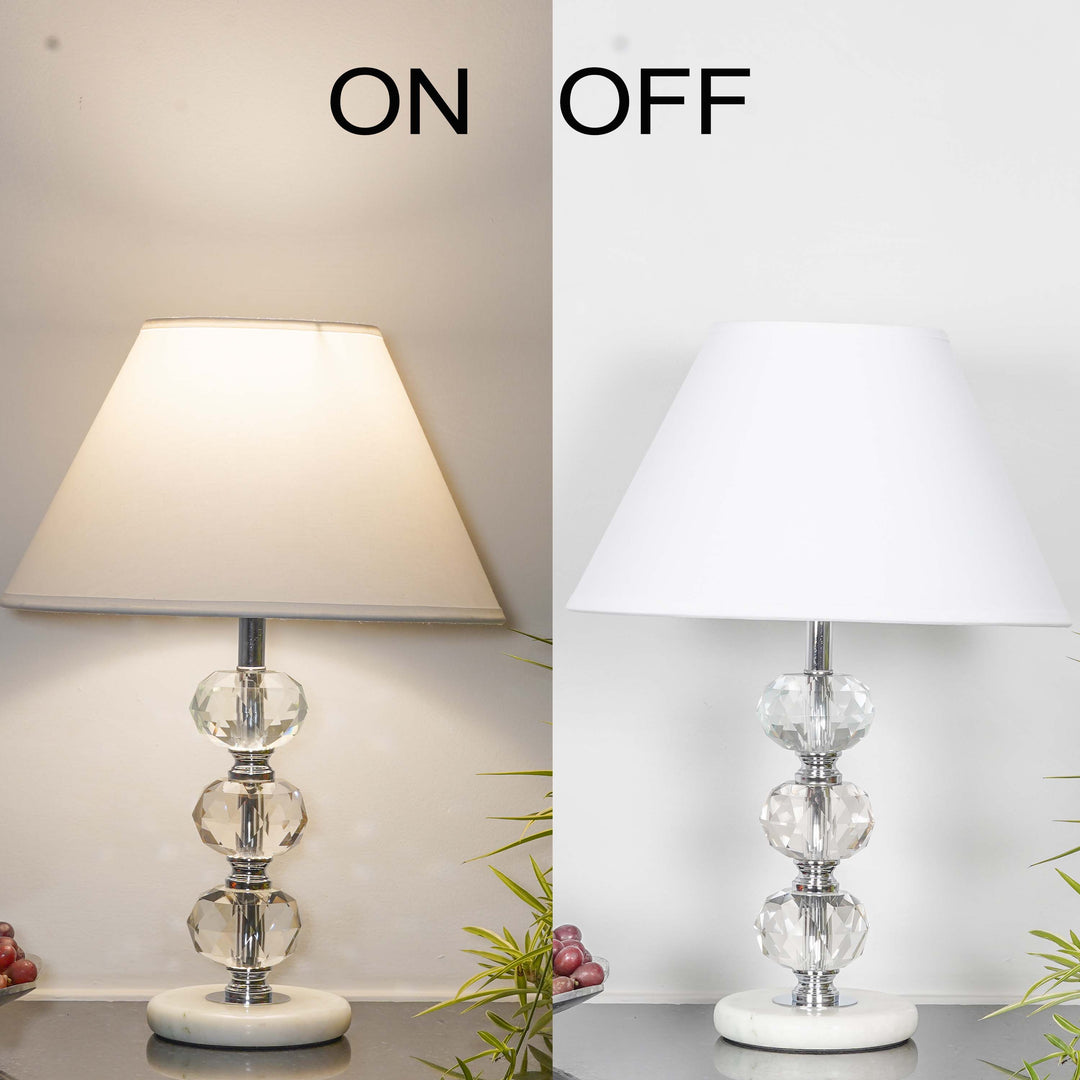 ASPLEY Chrome Finish Metal Clear Crystal Glass  And White Marble Table Lamp With Cotton Shade
