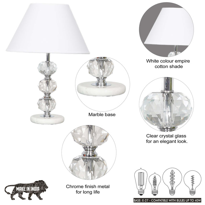ASPLEY Chrome Finish Metal Clear Crystal Glass  And White Marble Table Lamp With Cotton Shade