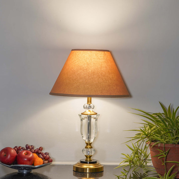 ASHURST Black & Antique Brass Finish Metal And Clear Crystal Glass Table Lamp With Cotton Shade