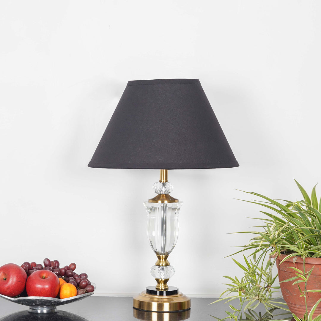 ASHURST Black & Antique Brass Finish Metal And Clear Crystal Glass Table Lamp With Cotton Shade
