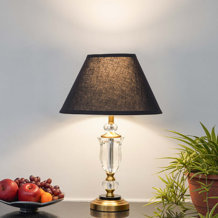 ASHURST Black & Antique Brass Finish Metal And Clear Crystal Glass Table Lamp With Cotton Shade