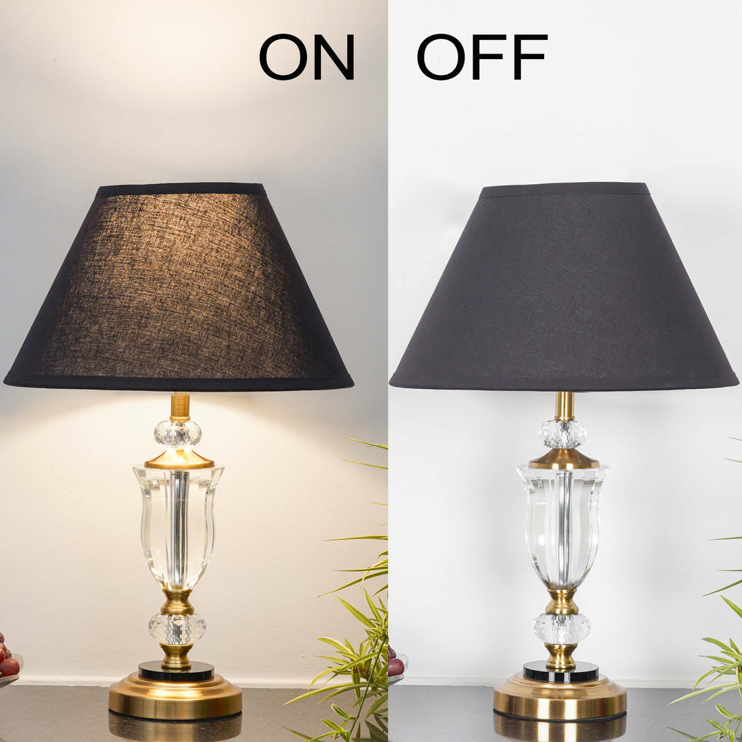 ASHURST Black & Antique Brass Finish Metal And Clear Crystal Glass Table Lamp With Cotton Shade