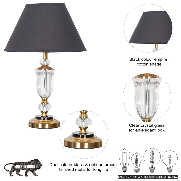 ASHURST Black & Antique Brass Finish Metal And Clear Crystal Glass Table Lamp With Cotton Shade