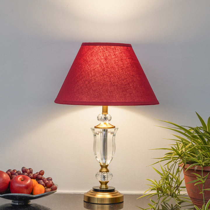 ASHURST Black & Antique Brass Finish Metal And Clear Crystal Glass Table Lamp With Cotton Shade