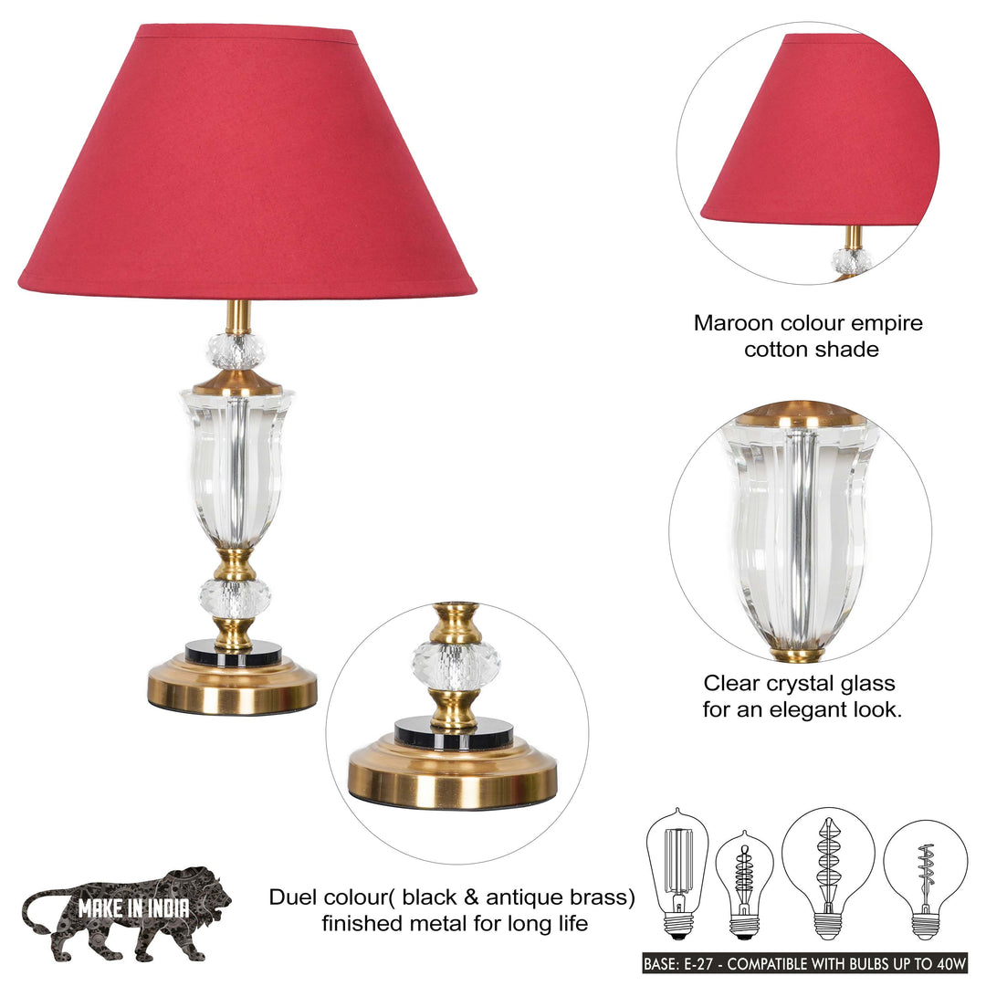 ASHURST Black & Antique Brass Finish Metal And Clear Crystal Glass Table Lamp With Cotton Shade
