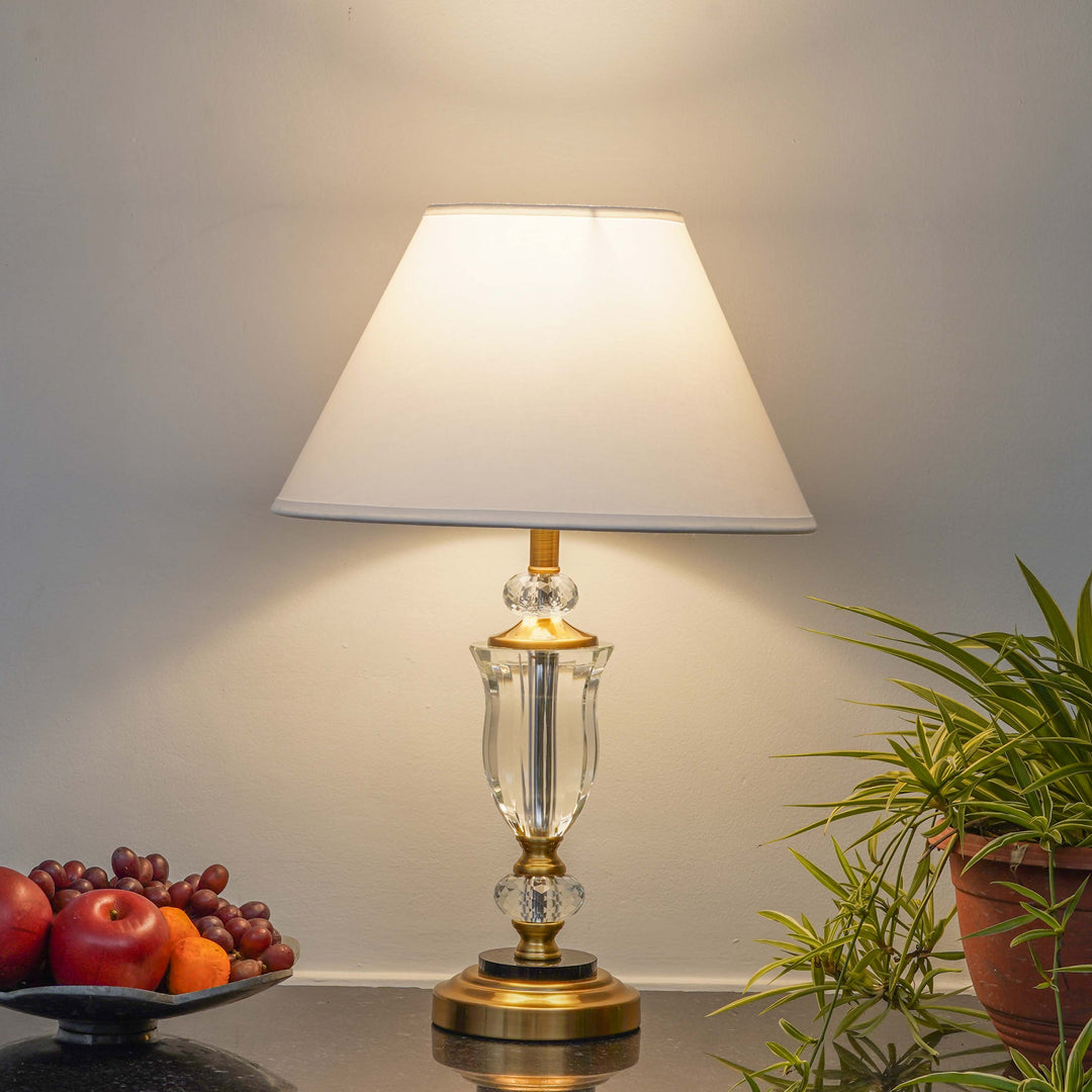 ASHURST Black & Antique Brass Finish Metal And Clear Crystal Glass Table Lamp With Cotton Shade