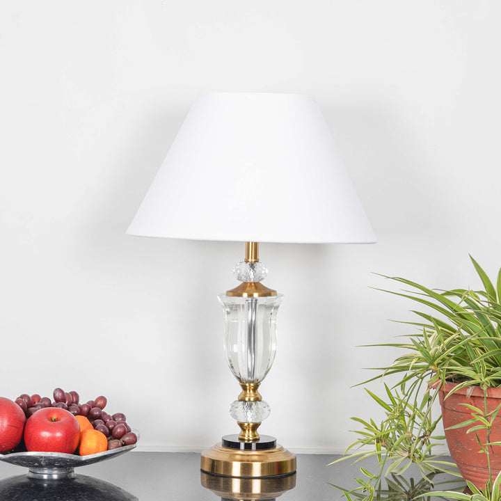 ASHURST Black & Antique Brass Finish Metal And Clear Crystal Glass Table Lamp With Cotton Shade